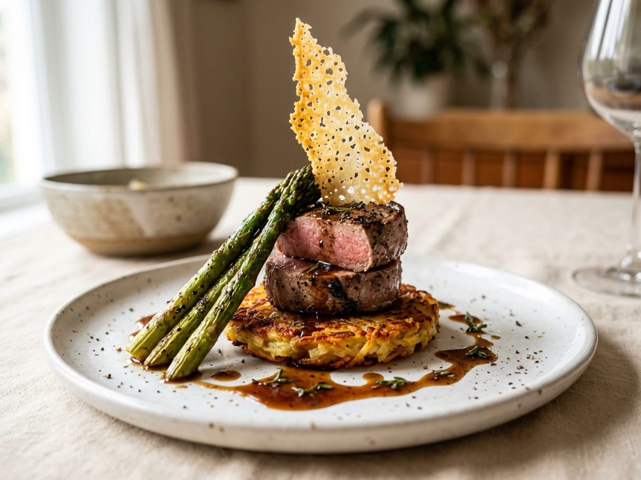 A low-angle plate built upward: a potato rösti base, two slices of seared lamb stacked on it, asparagus leaning against the stack and a parmesan tuile standing on top