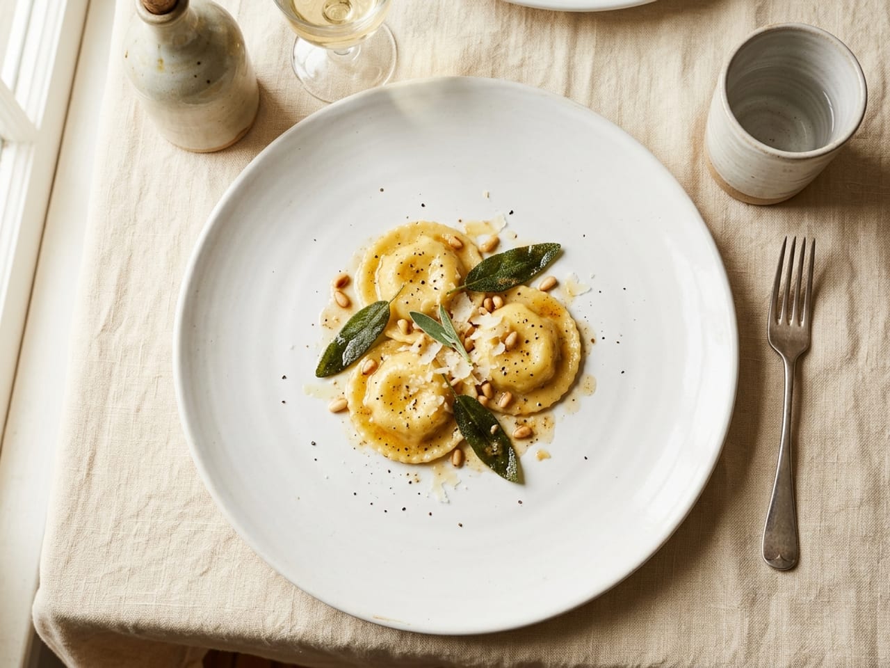 Overhead view of three ricotta ravioli in brown butter with crisp sage, kept to the middle third of a very wide white plate