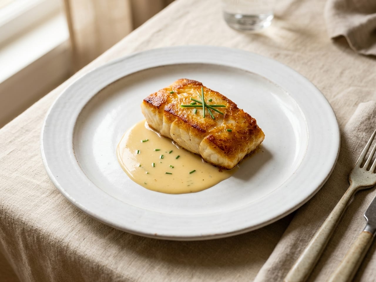 A pan-seared cod fillet set on a small pool of pale beurre blanc on a white plate, the sauce under and beside the fish