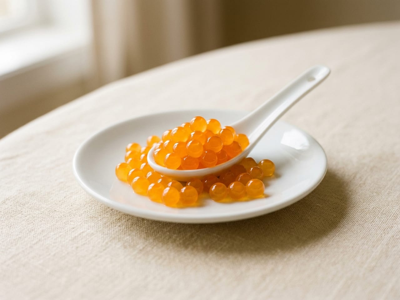 A white porcelain soup spoon holding a small heap of glossy round bright orange beads of mango juice the size of salmon roe, more beads scattered on the plate