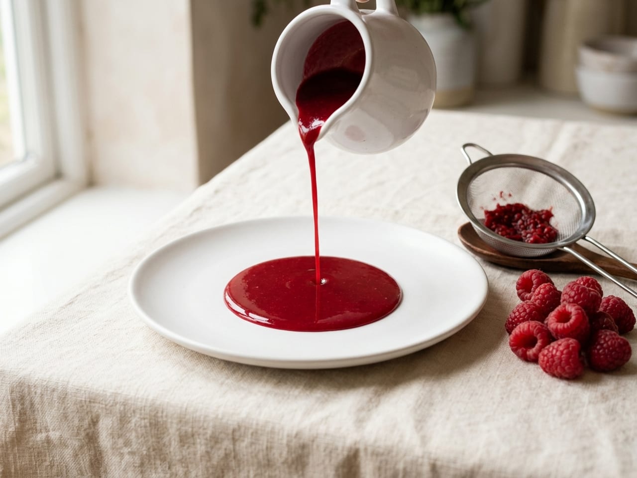 A small white jug pouring a thin ribbon of glossy seedless raspberry coulis into a round pool on a white plate, a fine sieve holding pressed raspberry seeds and a few fresh raspberries beside it
