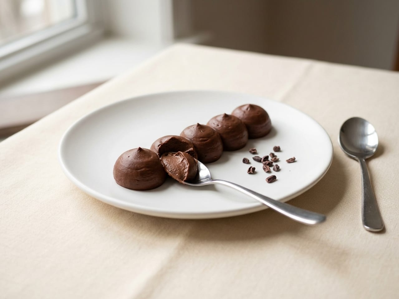 A row of five soft piped bulbs of dark chocolate crémeux on a white plate, one scooped open with a spoon to show its dense, creamy interior, cocoa nibs and a second spoon beside the plate