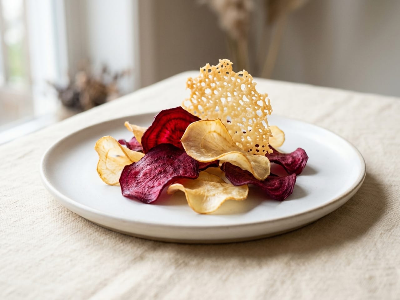 Wafer-thin curled crisps of deep magenta beetroot and pale golden parsnip on a white plate, with one lacy golden Parmesan crisp standing upright