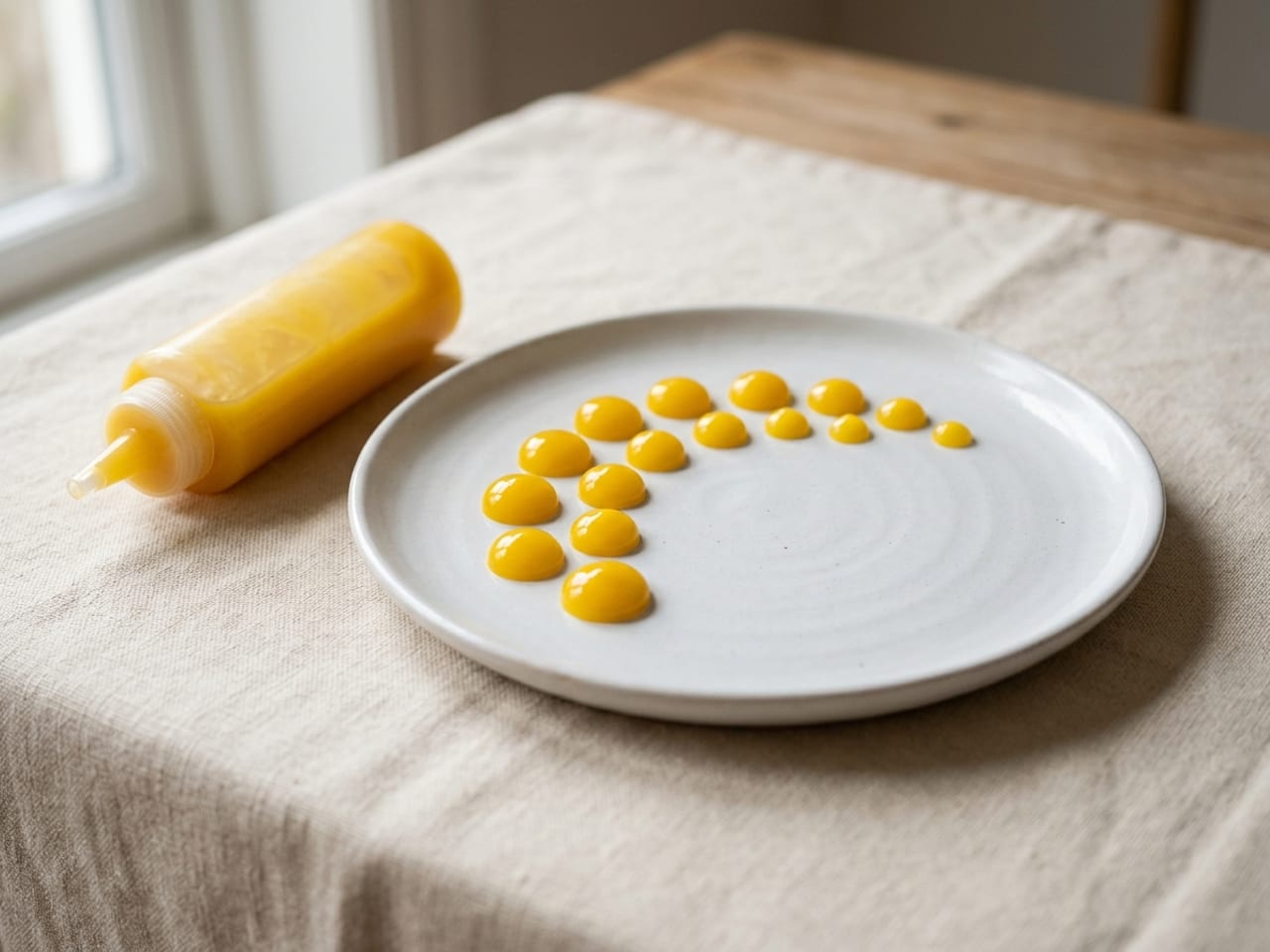A curved line of small, perfectly domed glossy dots of bright yellow passion fruit fluid gel on a white plate, an unlabeled squeeze bottle of the same gel beside it