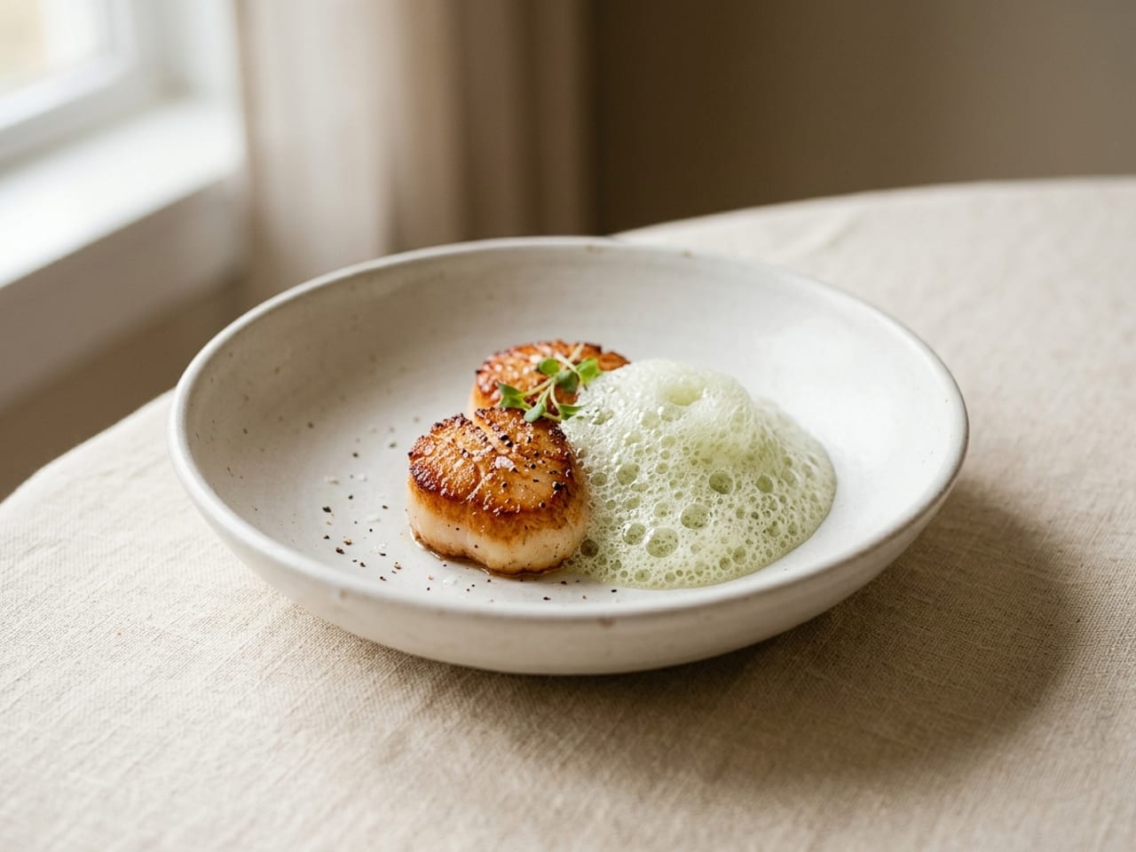 A shallow white bowl with two seared scallops with golden crusts and beside them a light cloud of pale green airy foam made of small and large bubbles