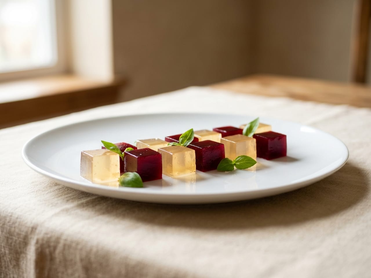 Neat, sharp-edged cubes of clear pale golden tomato-water jelly and deep red beetroot jelly in a loose line on a white plate with small basil leaves between them