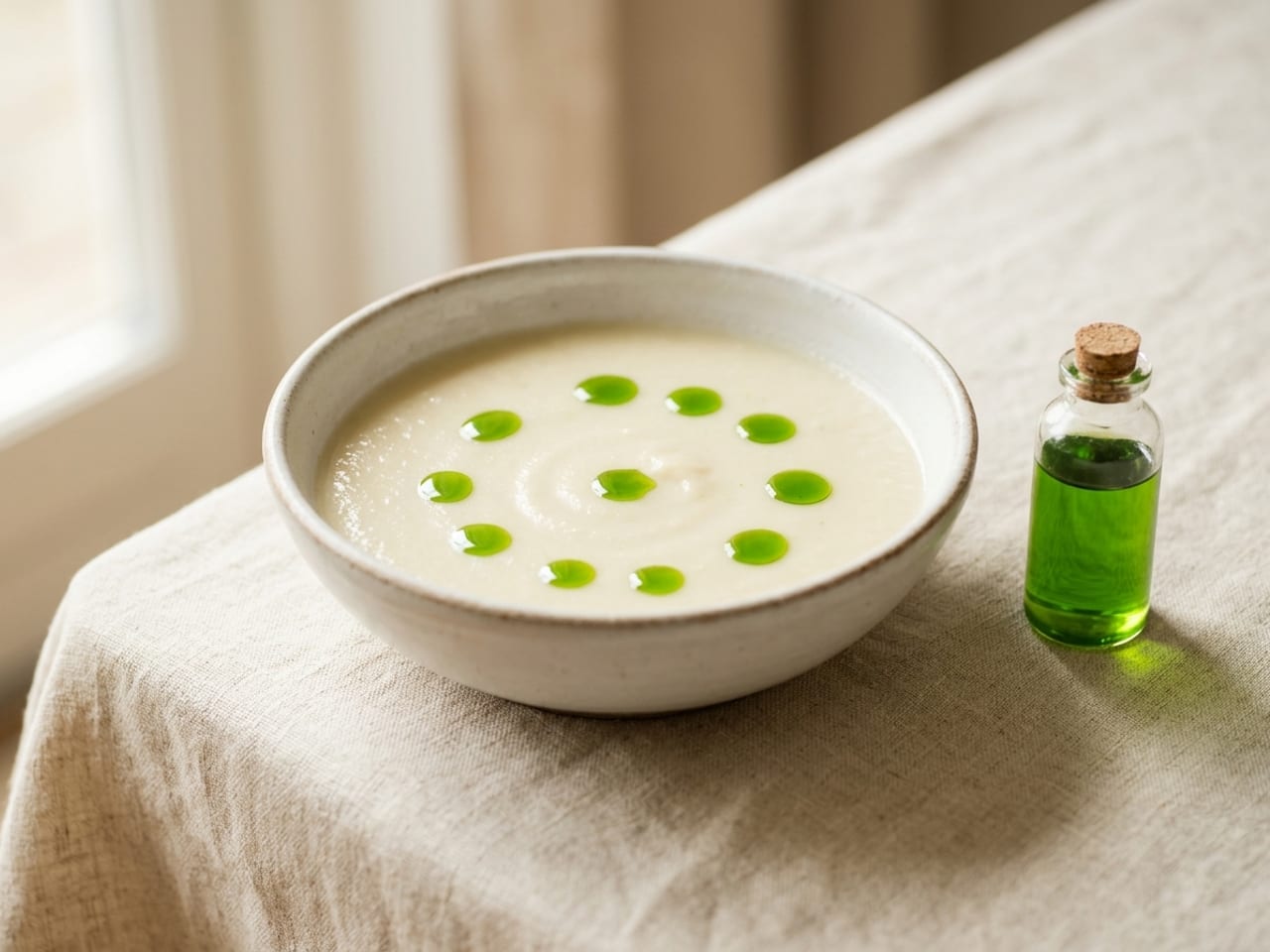A shallow white bowl of smooth pale cauliflower soup with round droplets of clear emerald-green herb oil on the surface, a small glass bottle of the same oil beside it