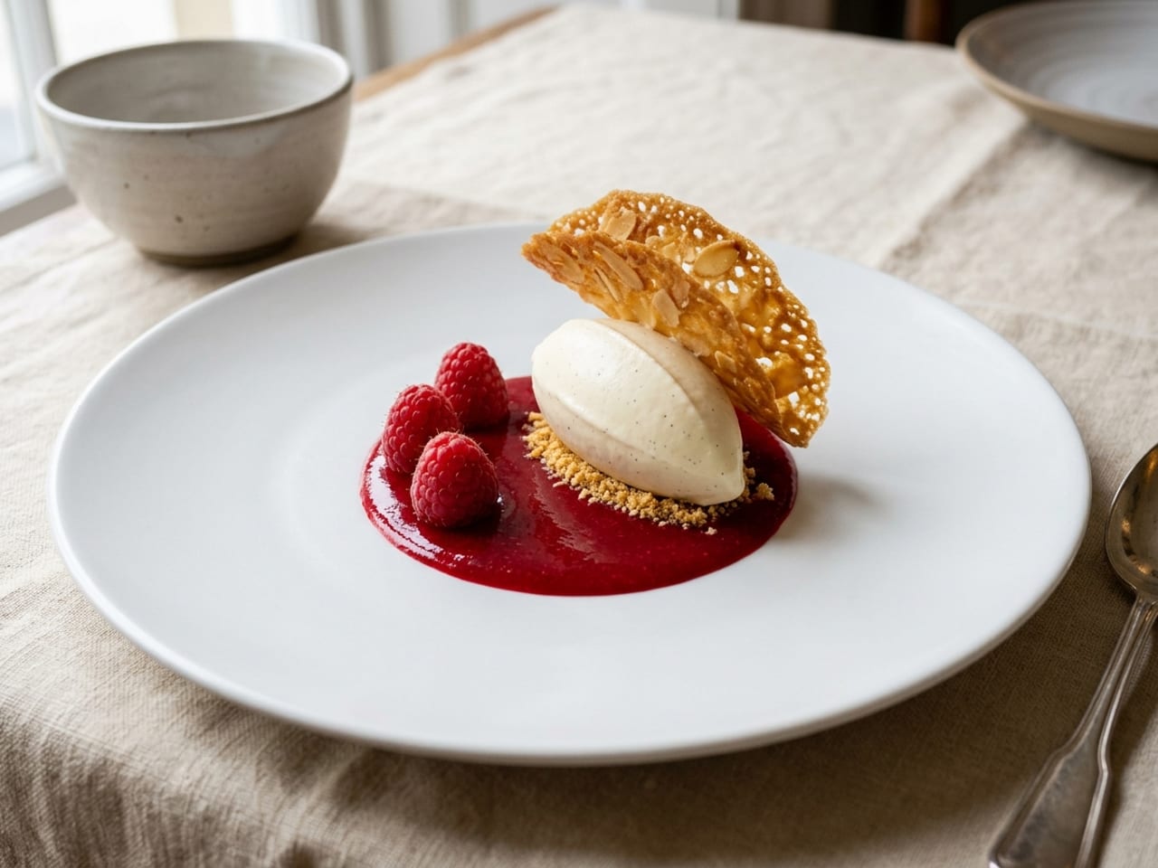 A plated dessert on a wide white plate: a small pool of glossy seedless raspberry coulis, a smooth three-sided quenelle of vanilla ice cream set on it, a thin curved golden almond tuile leaning against the quenelle, a line of biscuit crumbs and three raspberries