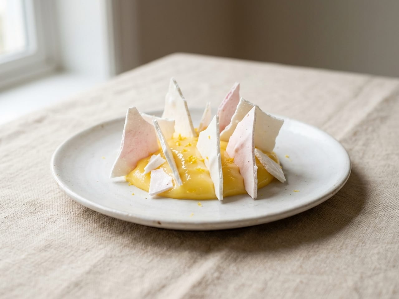 Jagged paper-thin shards of crisp white and pale pink meringue standing upright at angles in a small mound of lemon curd on a white plate