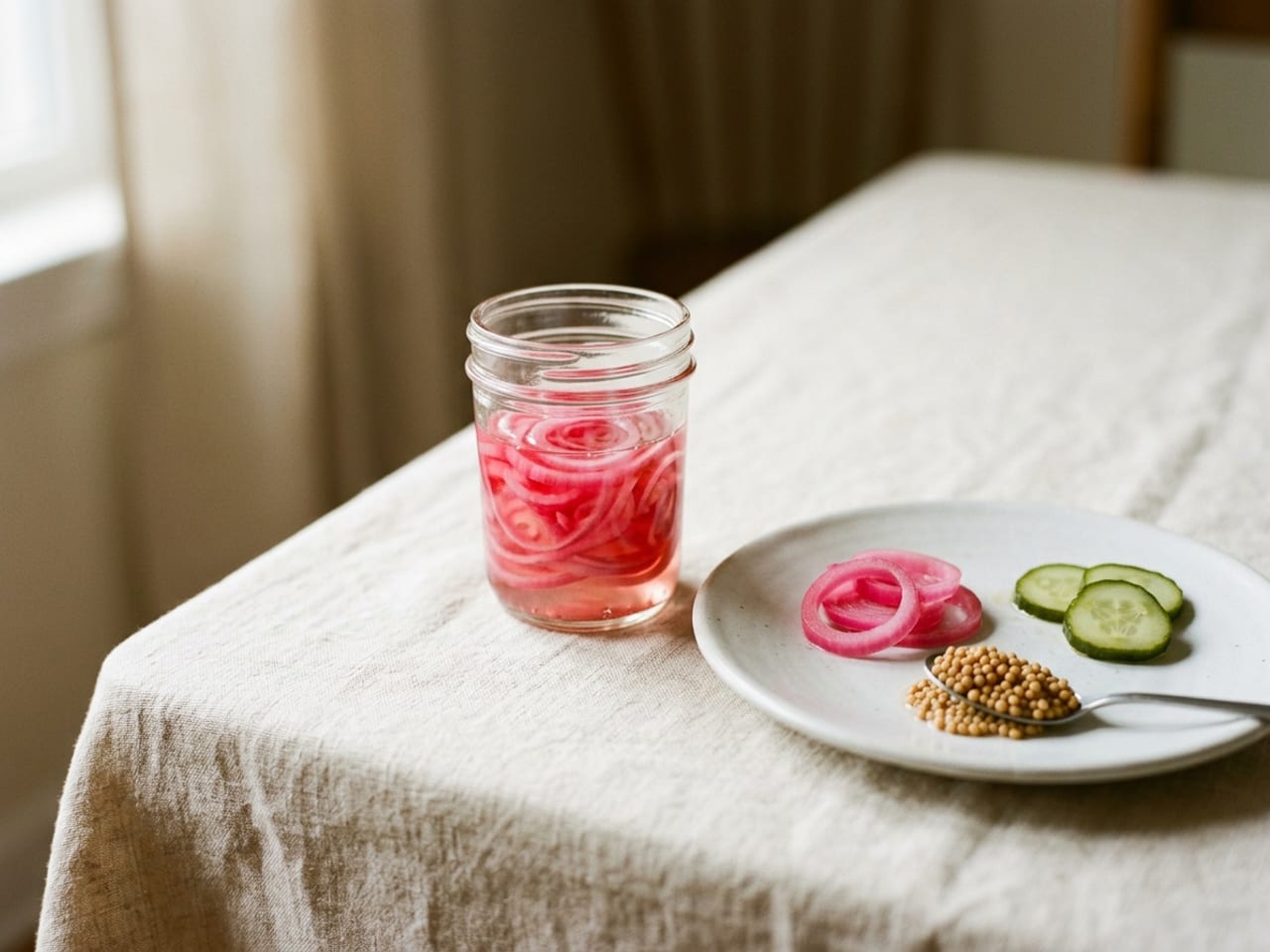 A small open glass jar of bright pink quick-pickled shallot rings in clear brine, and in front a white plate with a few separated pink rings, pickled mustard seeds and thin coins of pickled cucumber