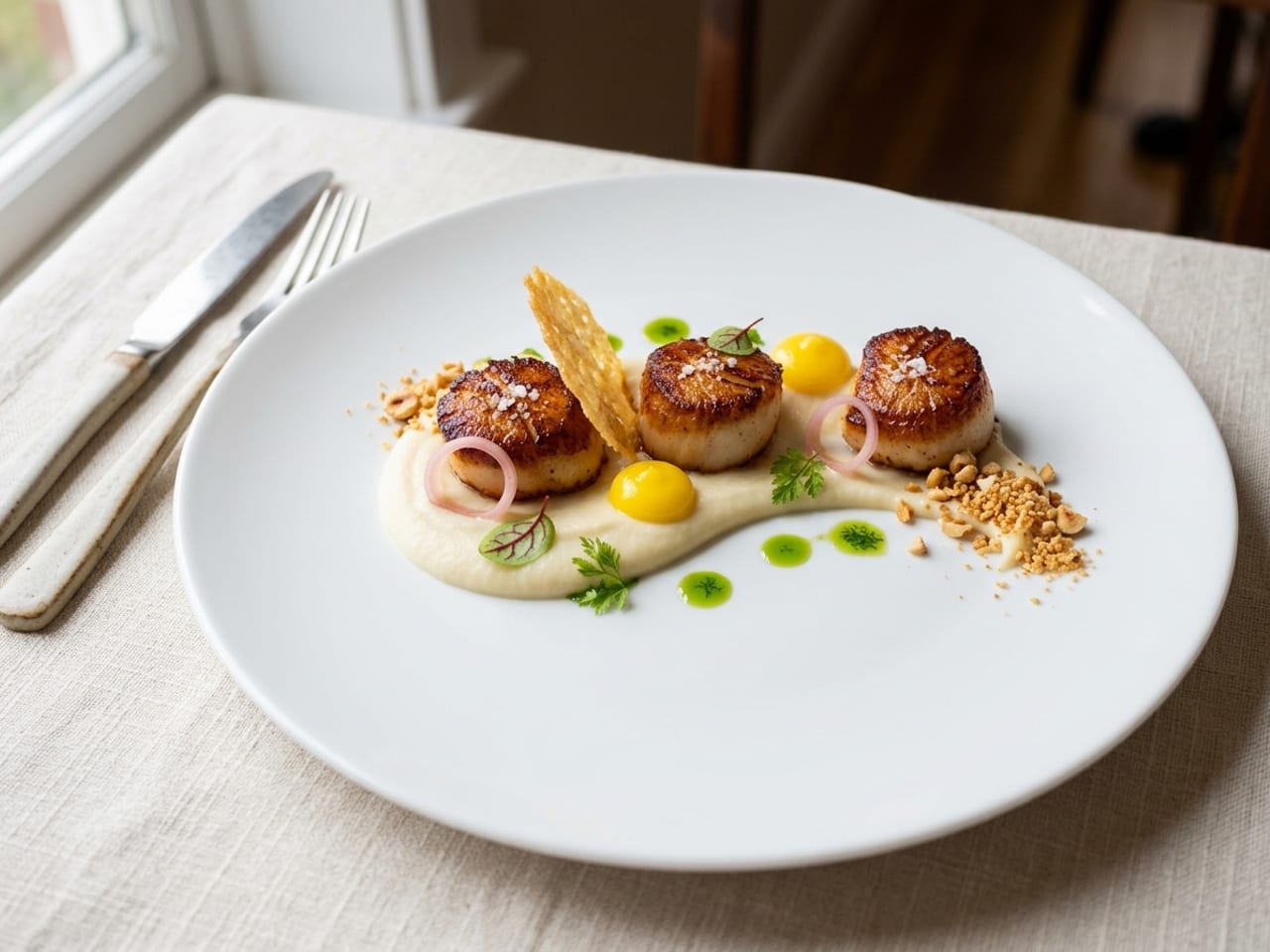 Three seared scallops with golden crusts on a swoosh of ivory cauliflower purée on a wide white plate, with small yellow fluid gel dots, pink pickled shallot rings, toasted hazelnut crumb, an upright tuile and drops of green herb oil
