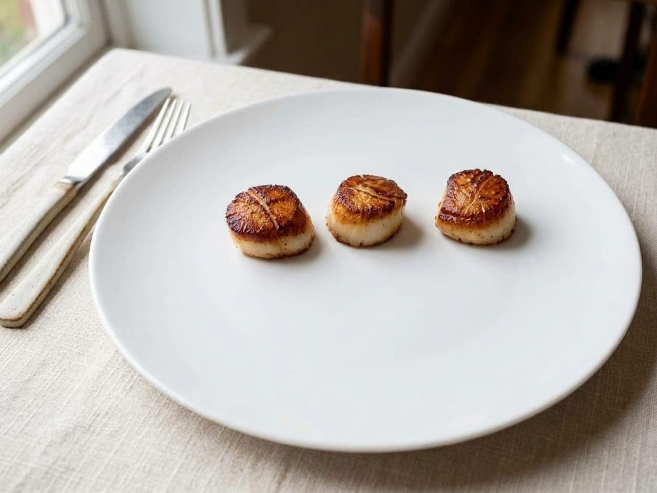 Three seared scallops alone on a bare wide white plate