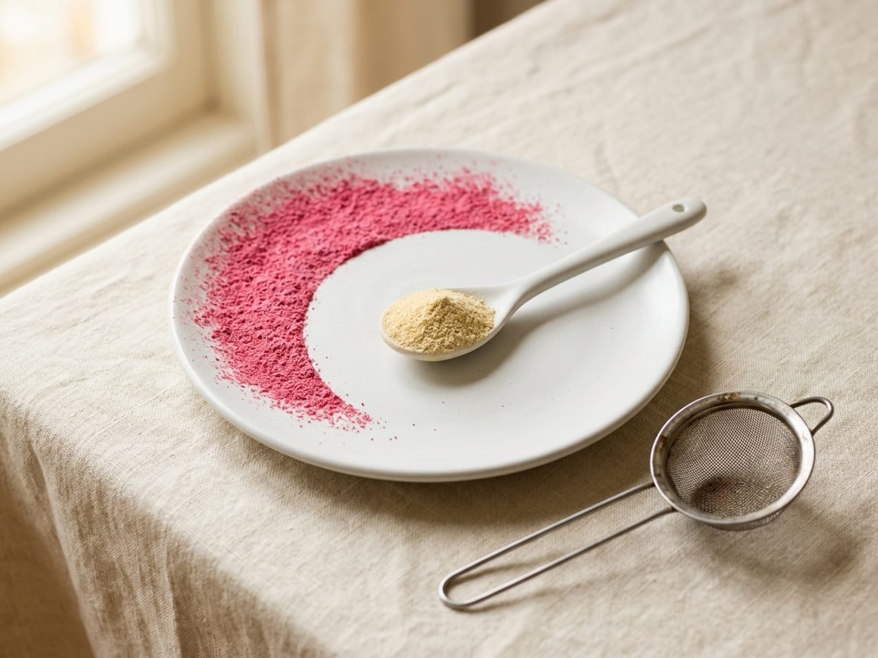 A white plate with a sharp crescent of bright pink freeze-dried raspberry powder dusted across one side and a small spoon holding pale golden olive-oil powder, a tea strainer beside it