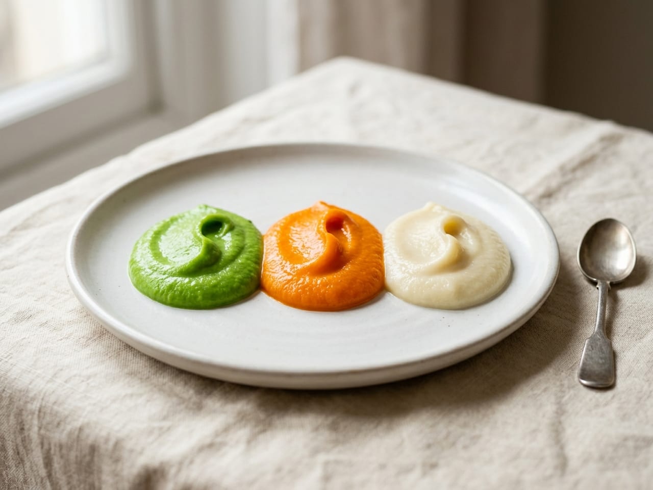 Three small glossy dollops of perfectly smooth vegetable purée on a white plate, bright green pea, vivid orange carrot and ivory celeriac, a small spoon beside them