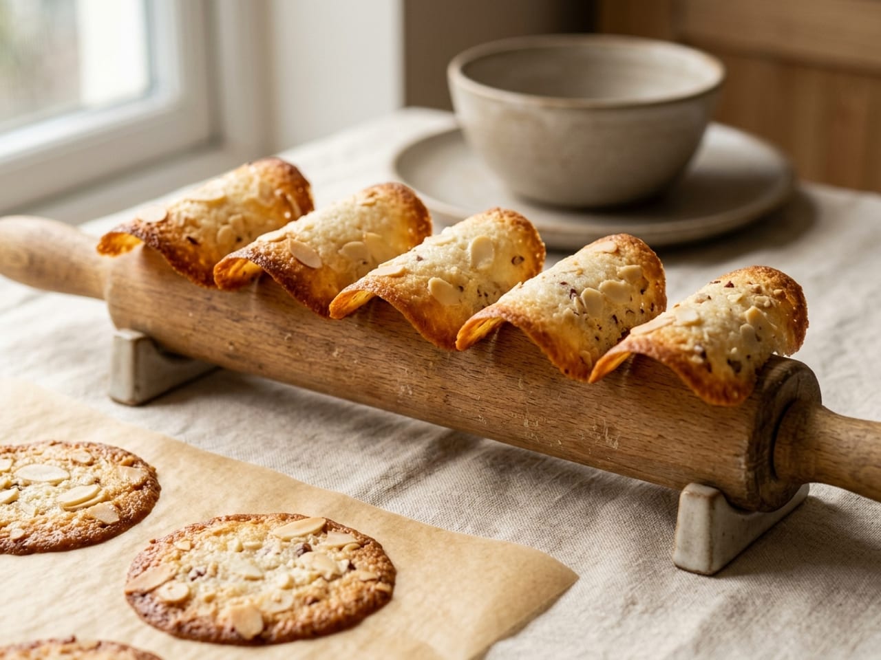 Thin golden almond tuiles cooling curved over a wooden rolling pin, flaked almonds baked into them, two flat round tuiles on baking parchment in front