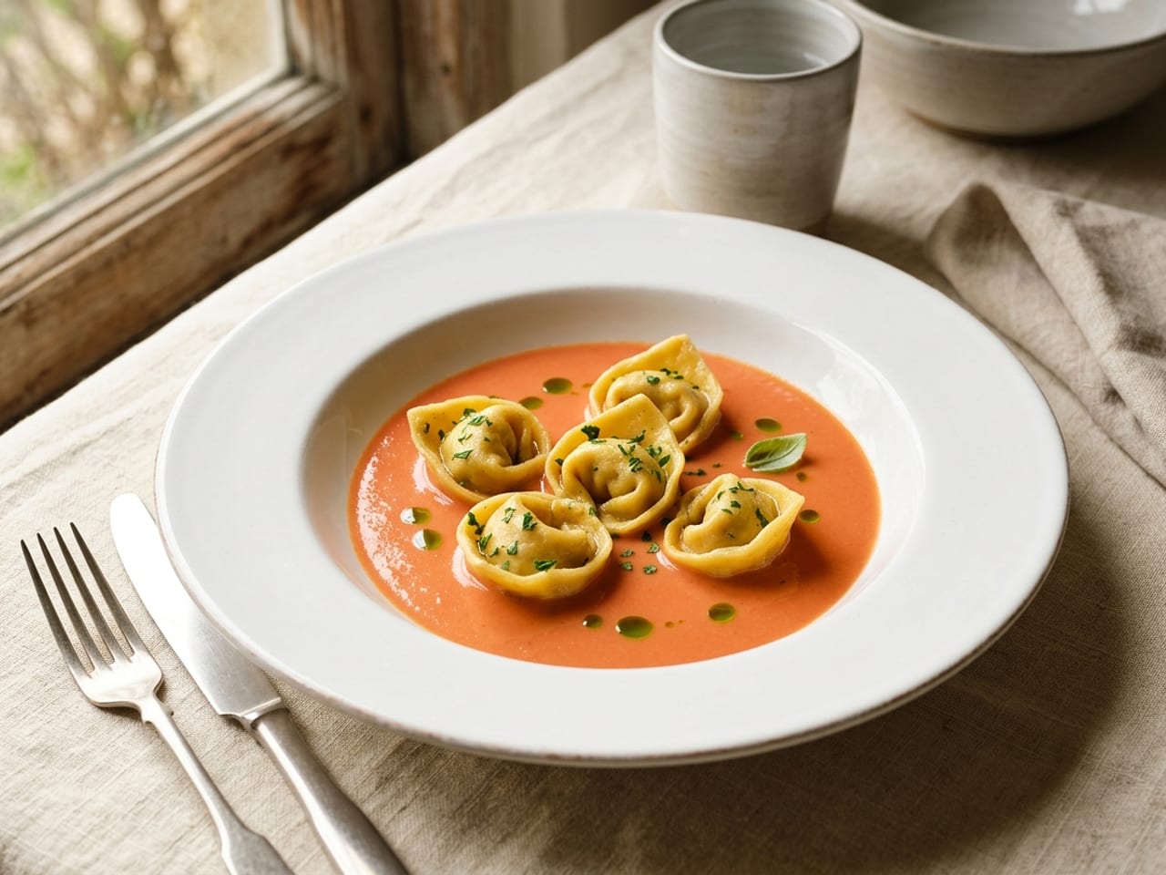 Five tortellini sitting in a shallow pool of coral shellfish bisque in a wide-rimmed white soup plate, drops of herb oil floating on the surface