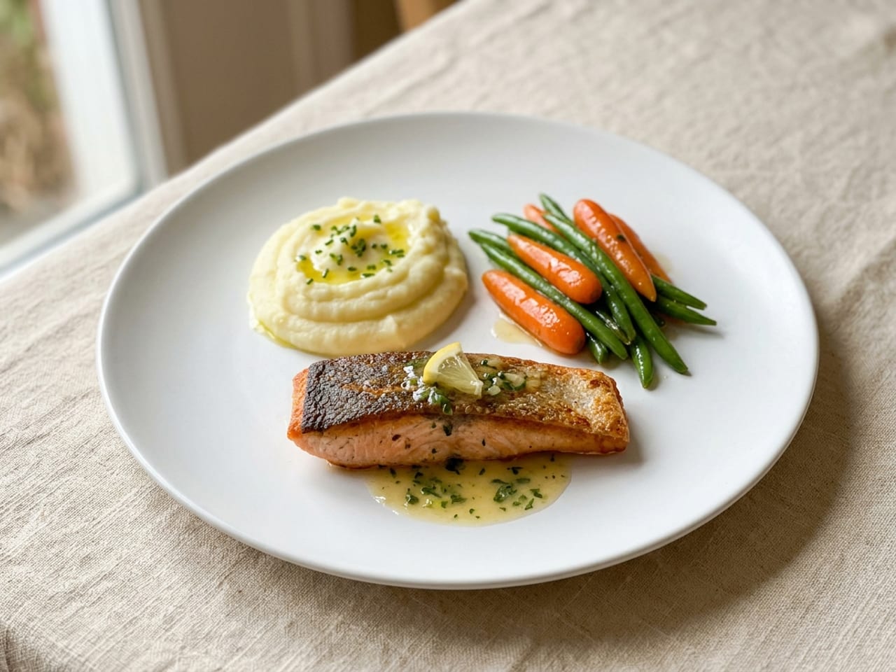A classic clock-method plate: crisp-skinned salmon at 6 o'clock, potato purée at 10, glazed carrots and green beans at 2, on a wide white plate