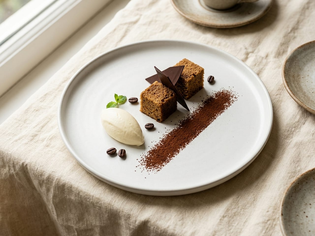 A deconstructed tiramisu on a flat white plate: a mascarpone quenelle, two cubes of coffee-soaked sponge standing apart, a straight line of cocoa, dark chocolate shards and a few coffee beans