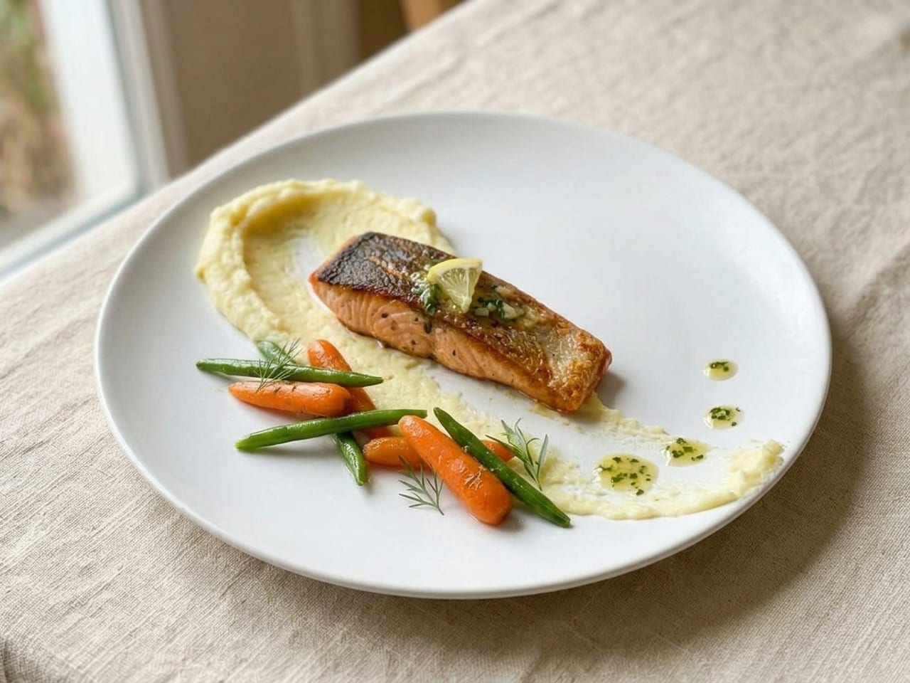 The same salmon dinner plated free-form: one asymmetric purée swoosh, the fillet off-center on it, carrots and beans scattered at deliberate angles, sauce dots trailing off the tail