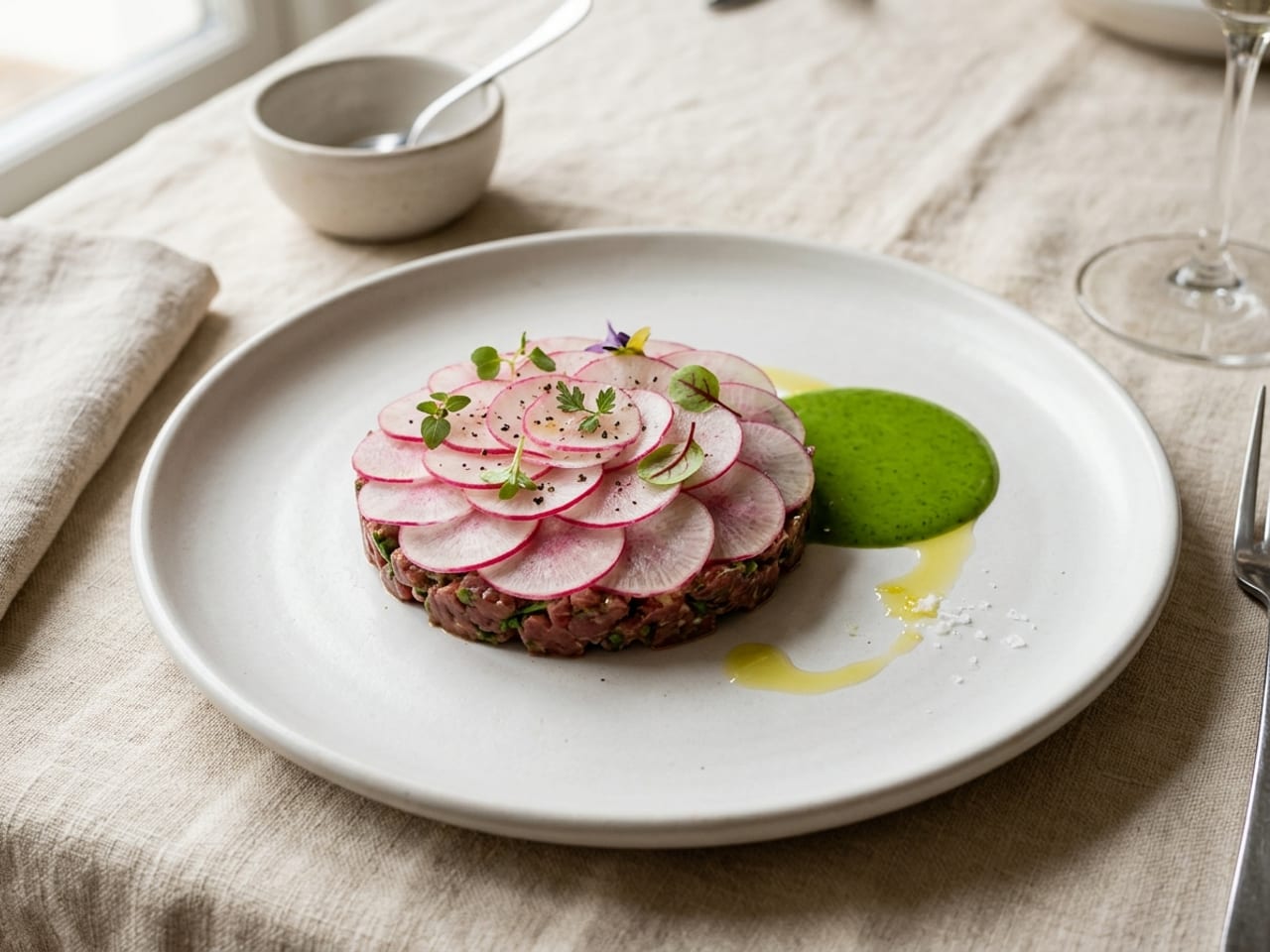 A round of beef tartare almost hidden under a shingled lattice of paper-thin radish slices, micro herbs on top, a small pool of green herb emulsion beside it