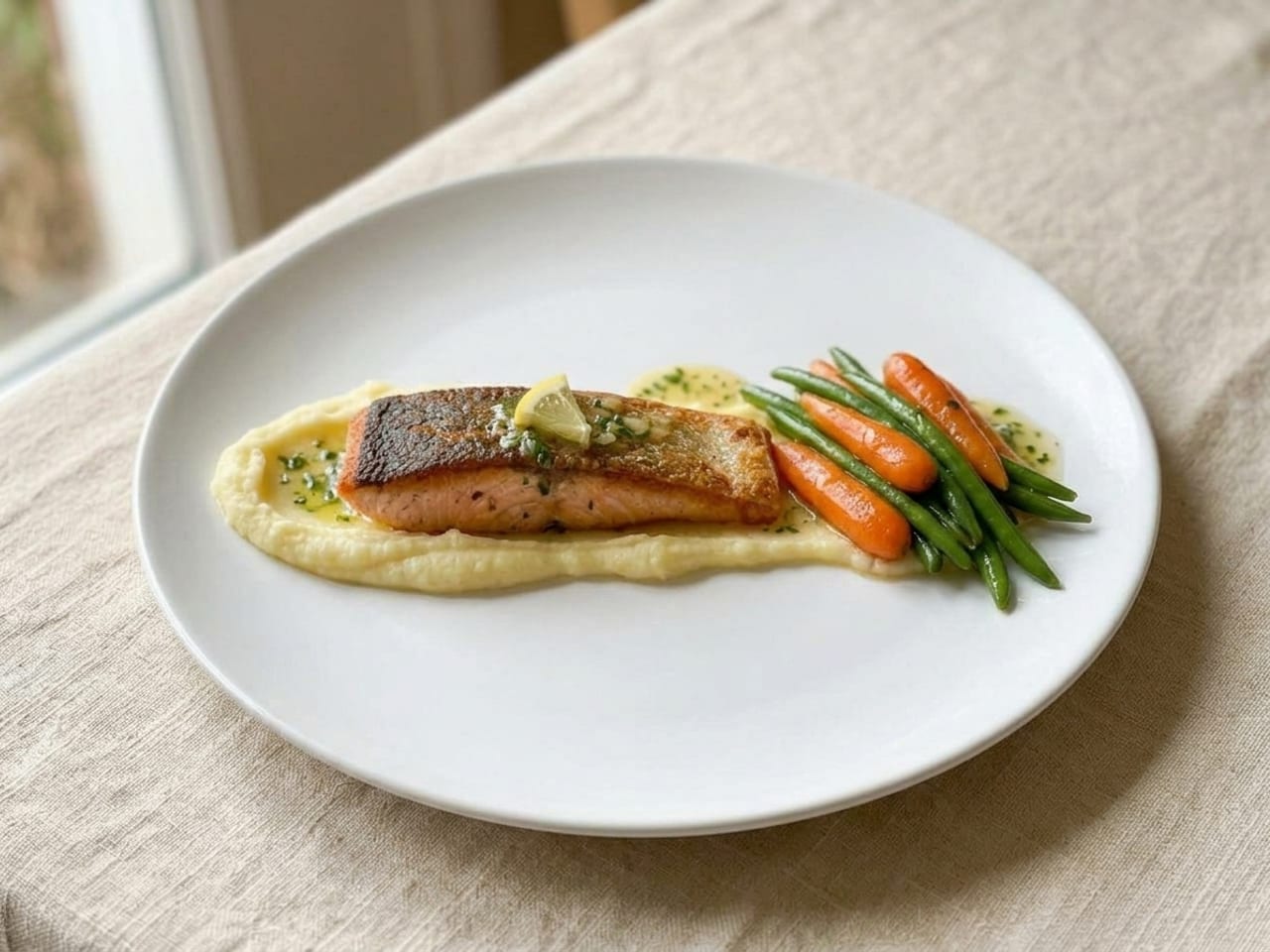 The same salmon dinner plated landscape-style: one long low horizontal band of purée across the plate with the fillet, carrots and beans laid along it