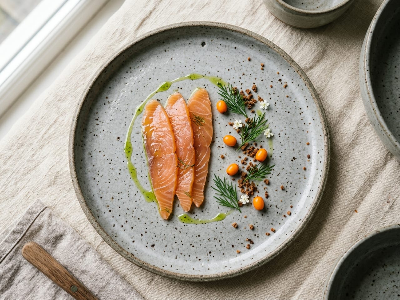 Overhead view of a sparse Nordic plate on speckled grey stoneware: three slices of cured trout, dill sprigs, sea-buckthorn berries, rye crumbs and two small flowers, most of the plate empty