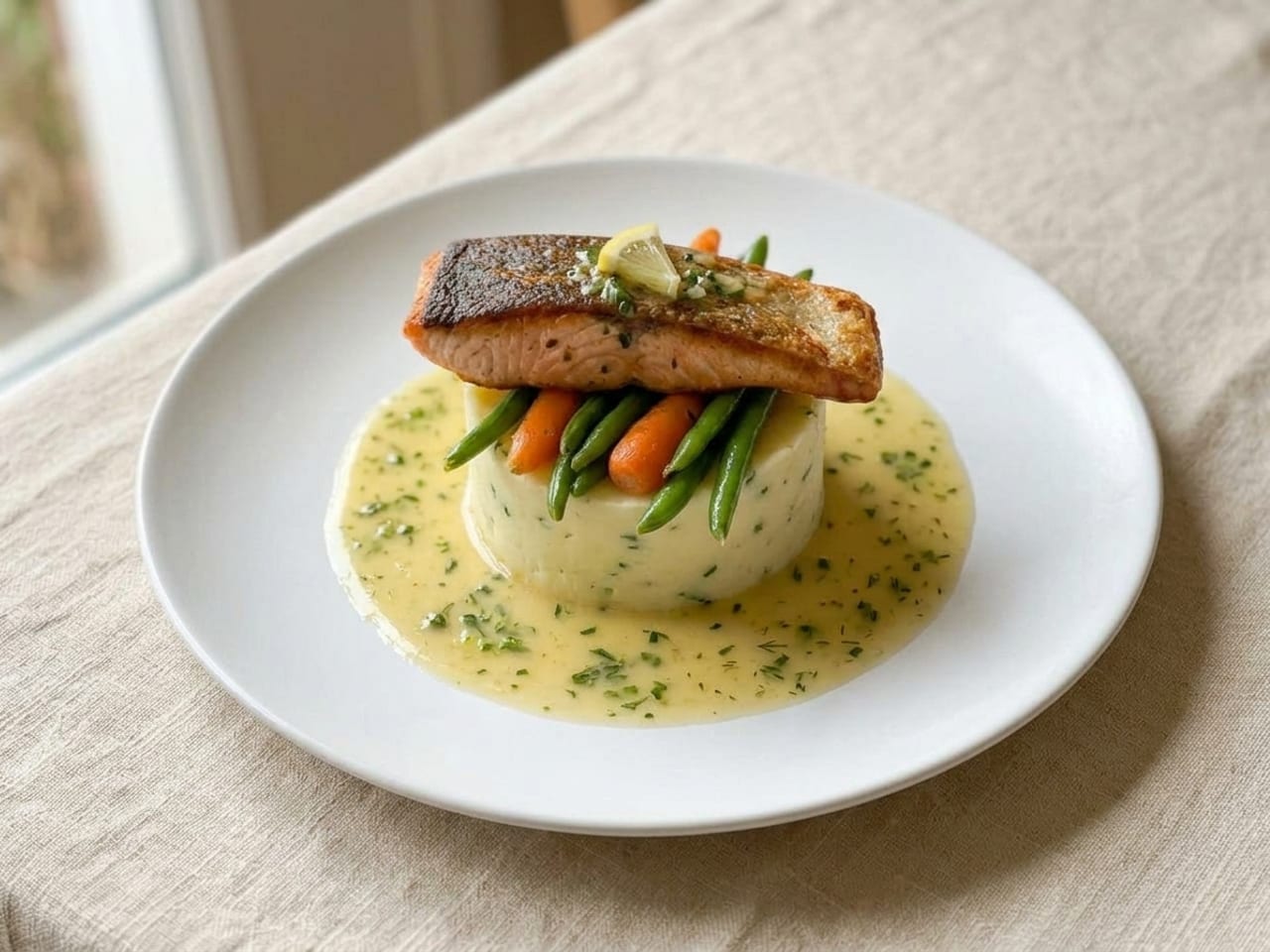 The same salmon dinner stacked: a ring-moulded cylinder of purée in the center with the fillet on top, beans standing against it and carrots leaning on it