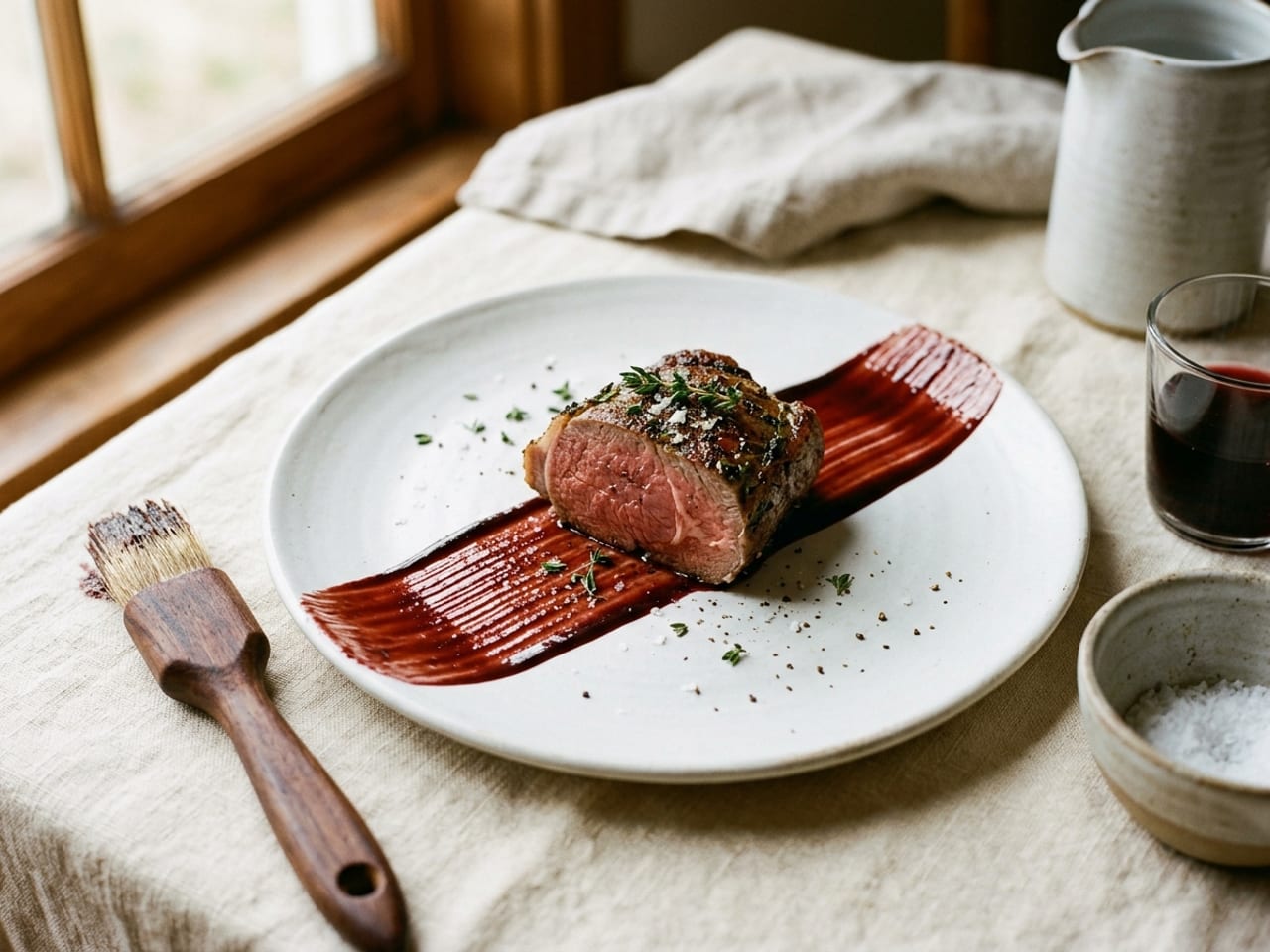 One wide textured stroke of dark red-wine reduction painted across a white plate with a pastry brush, a slice of seared lamb resting on it, the brush beside the plate