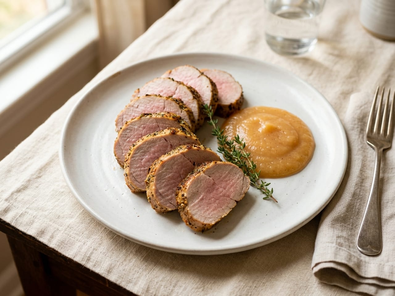 Thin slices of pork tenderloin with a herbed crust and pale pink center shingled in an overlapping curved fan across a white plate, a spoonful of apple purée and a sprig of thyme beside them