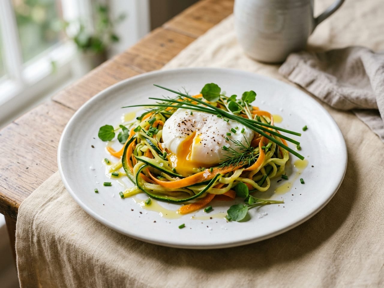 A loose nest of zucchini and carrot ribbons on a white plate cradling a poached egg with a soft yolk, a few chive lengths and a drizzle of olive oil