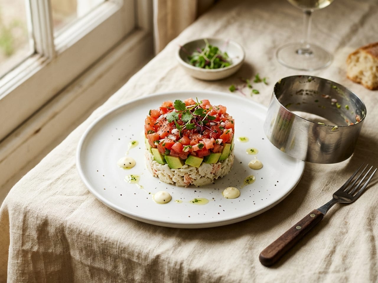 A neat cylinder of layered crab salad, diced avocado and tomato in the center of a white plate, the stainless ring mould just lifted and resting beside it