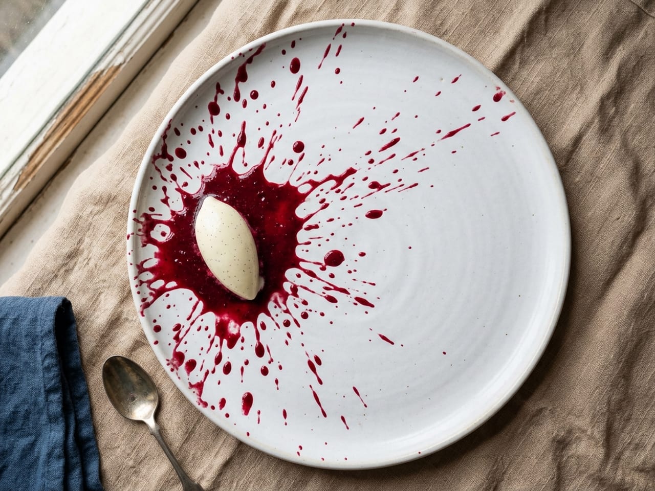 Overhead view of a flicked spray of deep-red berry coulis across one side of a white plate, dots and streaks radiating in one direction, a quenelle of panna cotta at the dense end