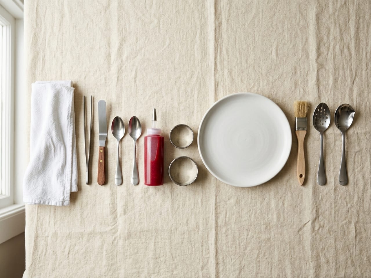 A chef's plating toolkit laid out in a row on cream linen around an empty white plate: a folded white towel, fine plating tweezers, an offset spatula, two small quenelle spoons, a squeeze bottle of red sauce, two ring moulds, a pastry brush, a slotted spoon and a saucier spoon