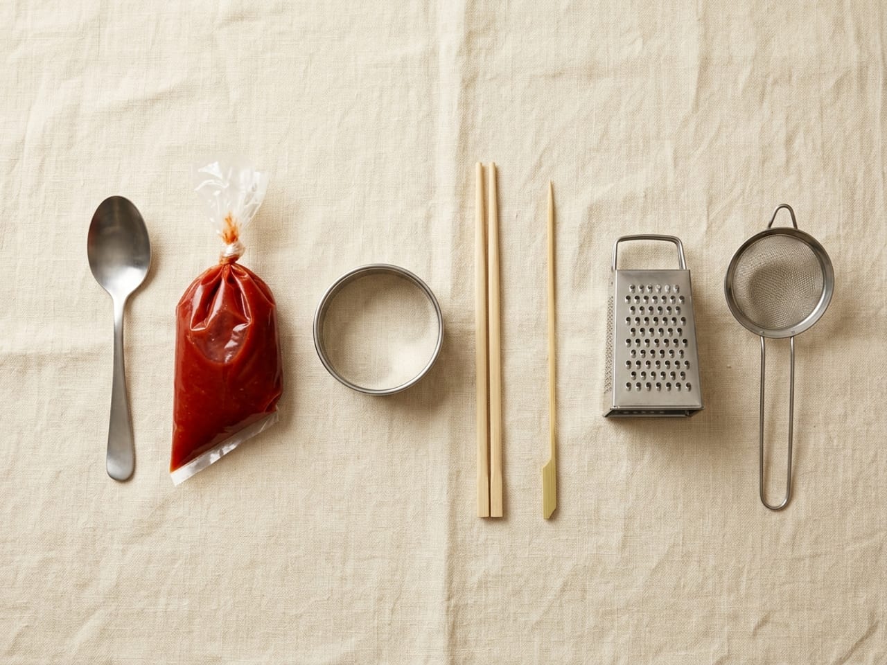 Kitchen-drawer stand-ins for plating tools on cream linen: a soup spoon, a small clear plastic food bag of red sauce tied at the top, a round steel biscuit cutter, a pair of wooden chopsticks, a wooden skewer, a box grater and a small tea strainer