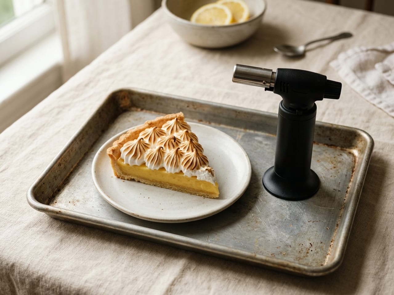 A small plain kitchen blowtorch standing on a metal tray beside a slice of lemon tart topped with piped meringue whose peaks are toasted golden brown