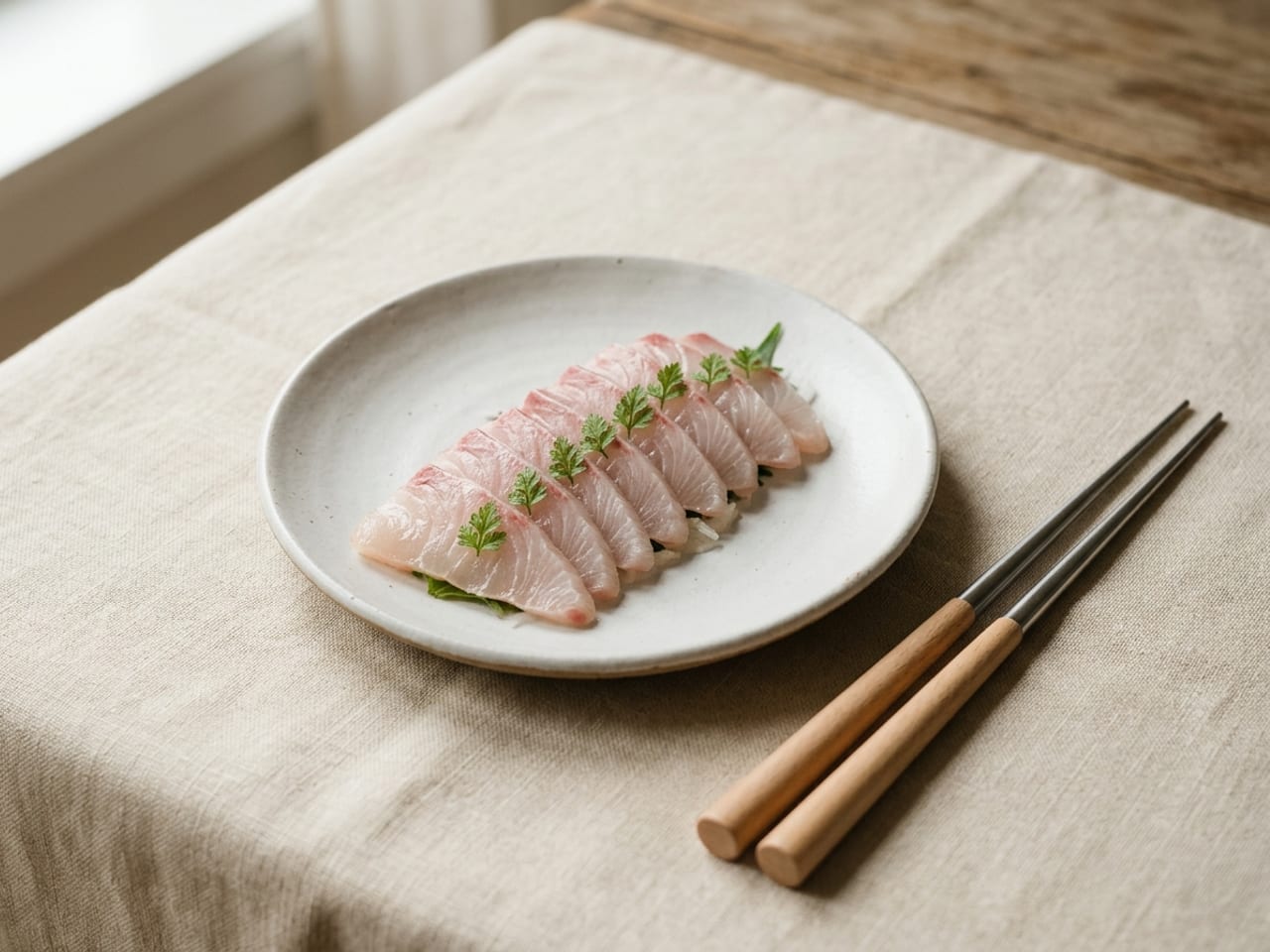A pair of long, slender chopsticks with fine pointed metal tips and plain wooden handles resting beside a small white plate of sliced raw fish garnished with tiny herb leaves
