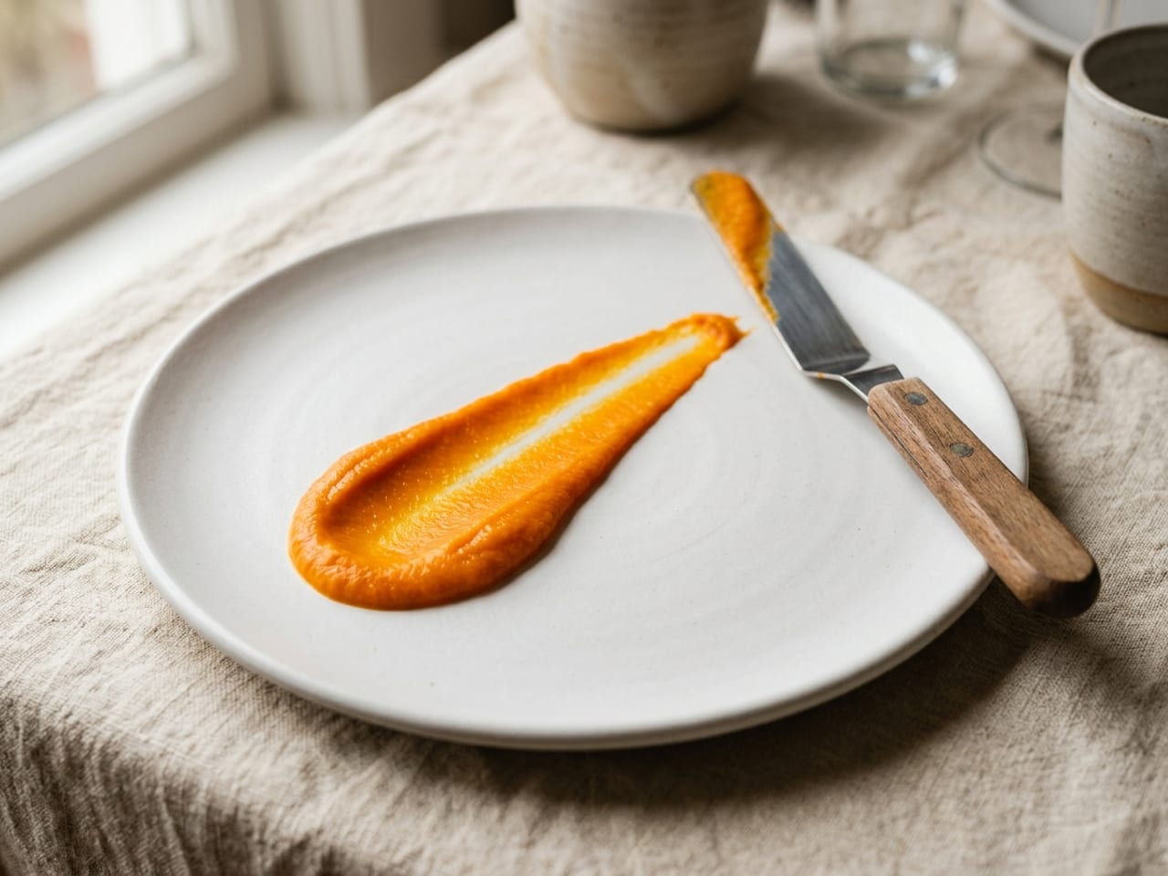 A small offset spatula with a narrow steel blade and a plain wooden handle lying on a matte white plate, its blade still coated, beside one thick swipe of orange carrot purée