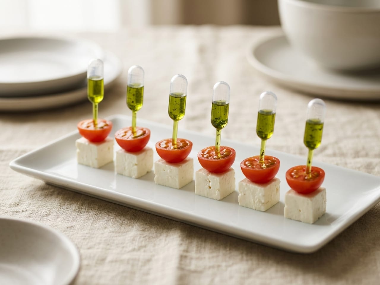 Small clear plastic pipettes filled with green herb oil, each pushed upright into a bite-sized canapé on a white platter