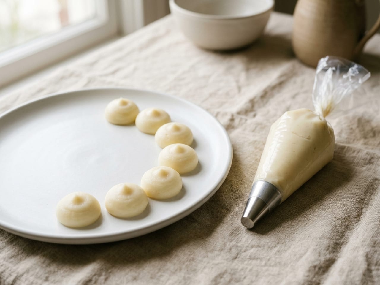 A clear piping bag with a plain round steel tip, filled with pale purée, lying beside a matte white plate with a neat row of small piped mounds of the same purée