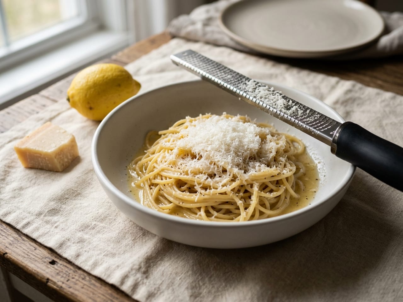 A long narrow steel rasp grater resting across the rim of a shallow white bowl of pasta covered with a fine snow of grated hard cheese, a wedge of the cheese and a lemon beside it
