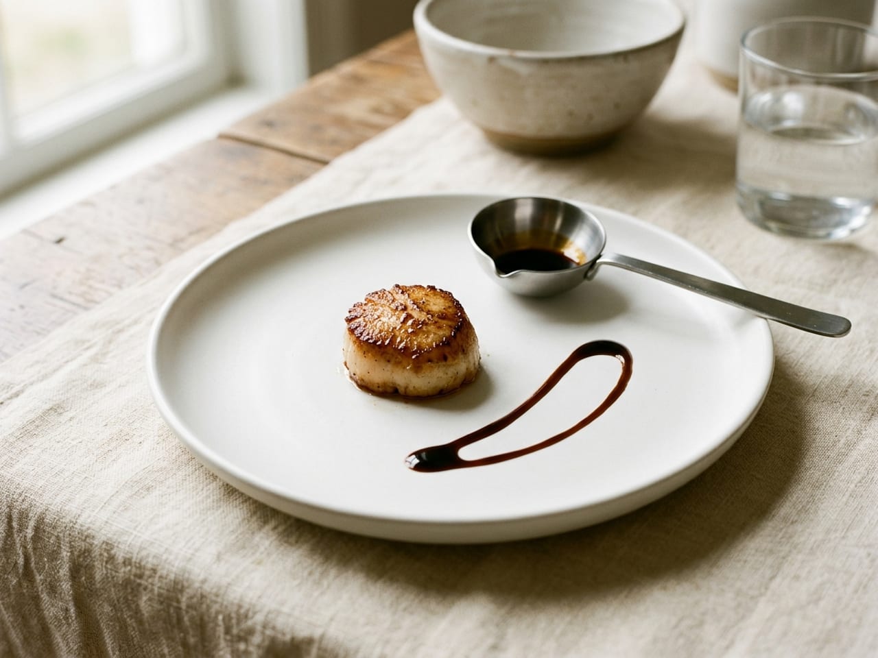 A small, deep steel spoon with a pouring spout on the side of its bowl, holding dark sauce and resting on a matte white plate beside a seared scallop and a looping line of the same sauce