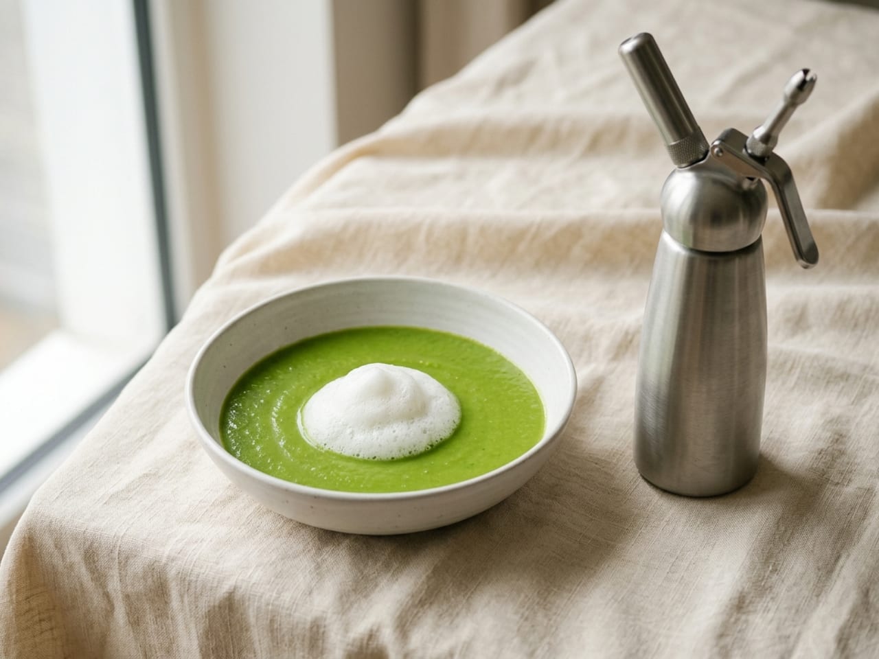 A plain brushed-steel whipping siphon standing beside a shallow white bowl of green pea soup topped with a mound of white foam