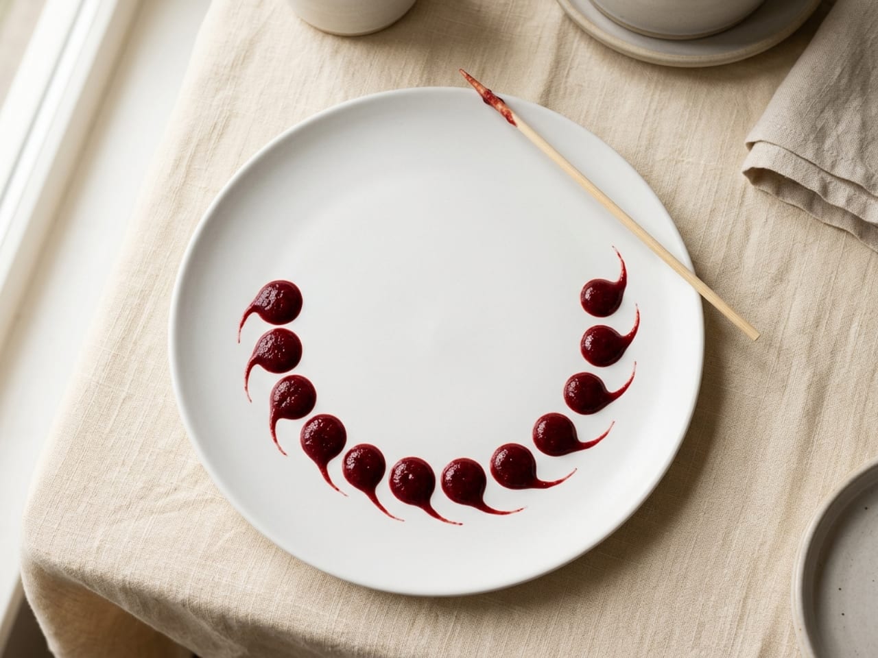 A matte white plate with a curved row of red sauce dots, each pulled into a teardrop with a thin tail, and a plain wooden skewer resting on the rim