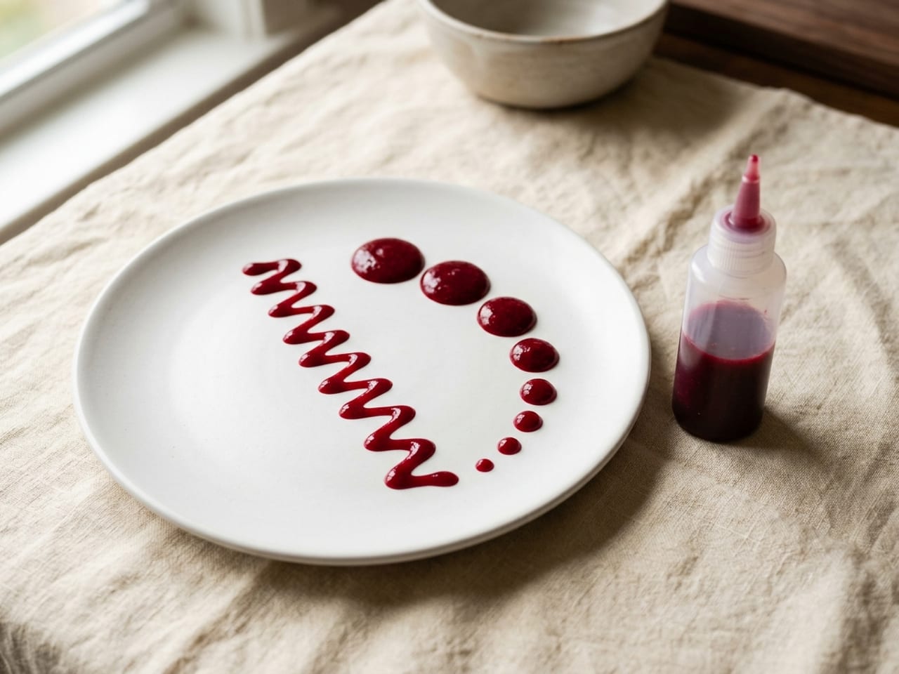 A clear plastic squeeze bottle with a fine cone tip, half full of deep red sauce, standing beside a matte white plate with a curved row of red sauce dots and one zigzag line