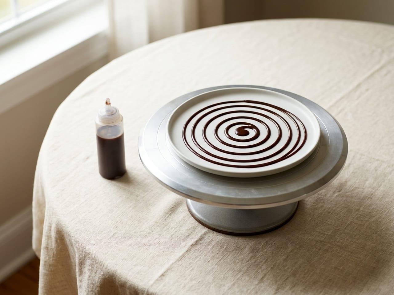 A matte white plate centered on a plain metal cake turntable, a spiral of dark chocolate sauce running from the middle of the plate to its edge and a clear squeeze bottle beside it