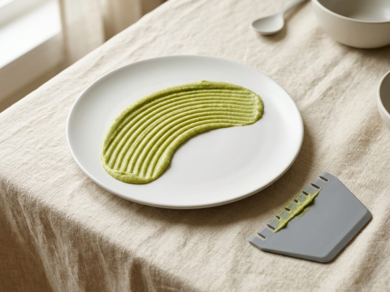 A small grey silicone wedge with a notched edge lying beside a matte white plate with a curved band of parallel ridged lines combed through pale green purée