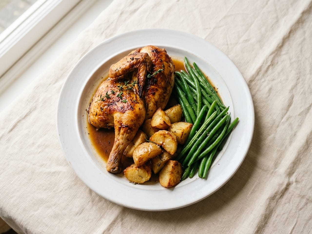 One generous main course on a large white dinner plate: half a roast chicken with golden skin, roast potatoes and a heap of green beans, a single plate on cream linen