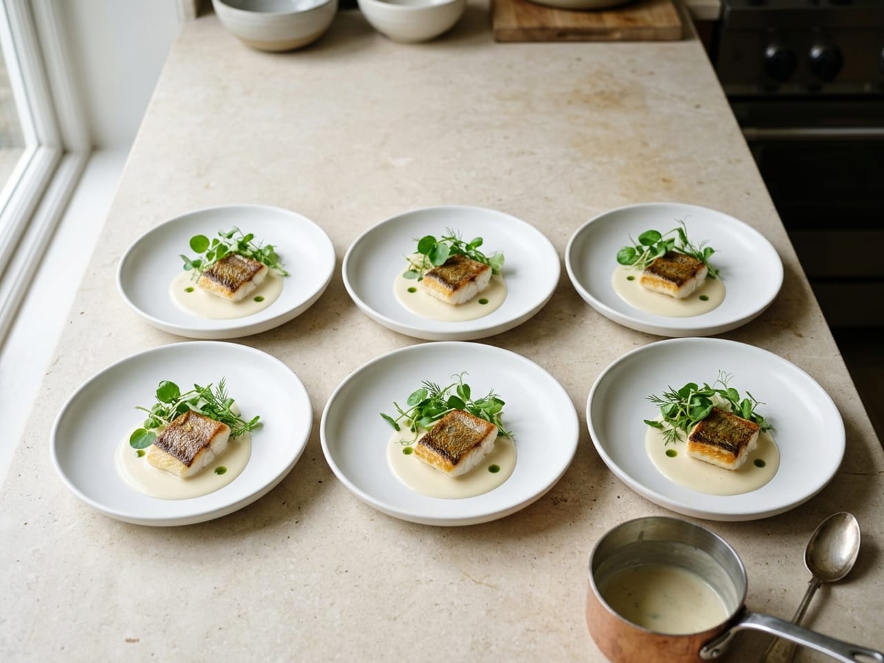 Six identical white coupe plates lined up in two rows on a kitchen counter, each with the same small square of seared cod on a pool of beurre blanc and a few green leaves