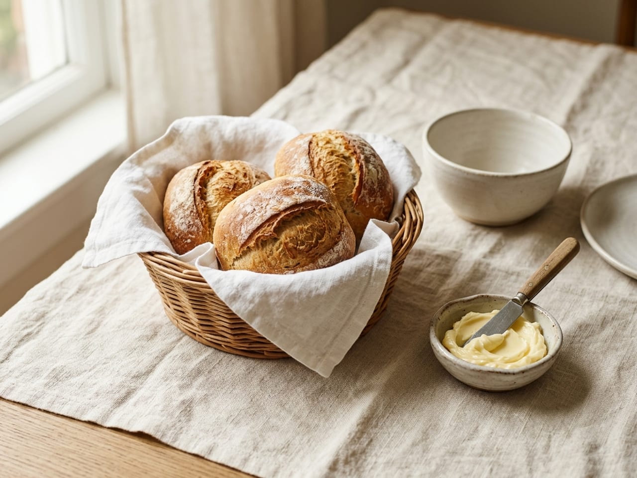 A small linen-lined basket of three warm crusty bread rolls beside a small white dish of soft butter on cream linen