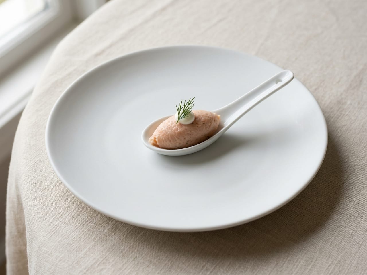A white porcelain tasting spoon on a wide white coupe plate holding one neat quenelle of pale pink smoked trout rillette with a dot of crème fraîche and a sprig of dill